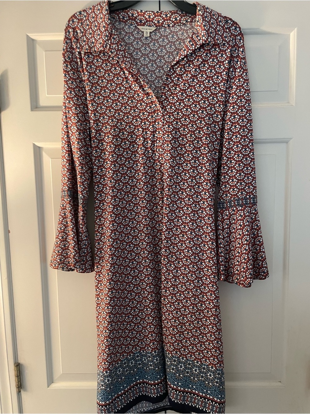 Max Studio Rust and Blue Printed Bell-Sleeve Shift Dress